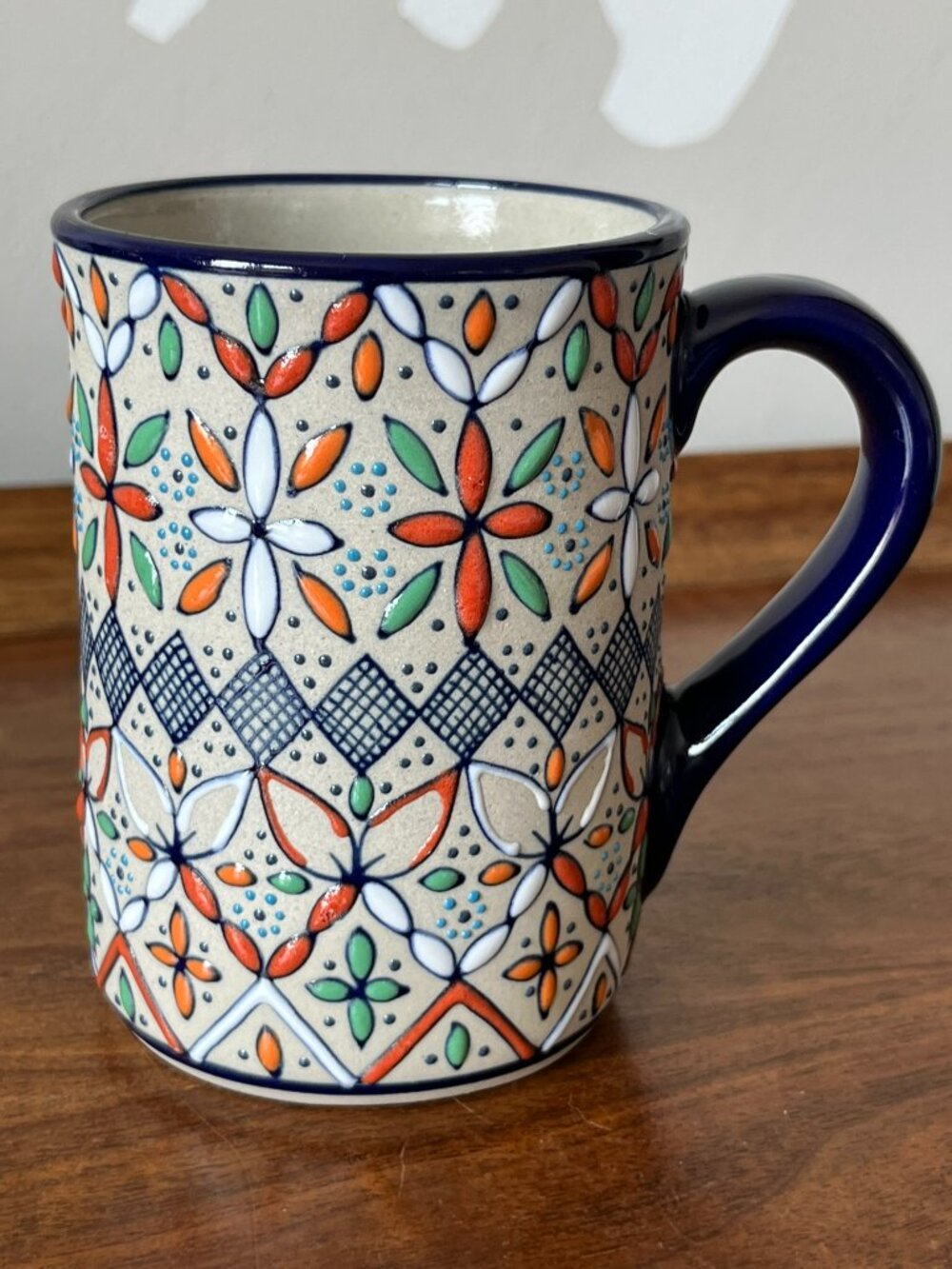 Javier Servin Mexico Studio Pottery Mug Geometric Stoneware Cobalt Orange 14 oz